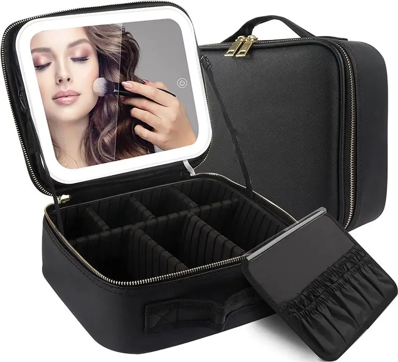 New large capacity desktop cosmetic storage box waterproof leather travel portable makeup bag case with LED light mirror