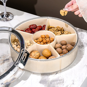 Round Fruit Platter With Lid 6 Compartments Milky White Silver Vertical Stripes Candy Box Snack Storage Home Living Room Decor - Product Image 1
