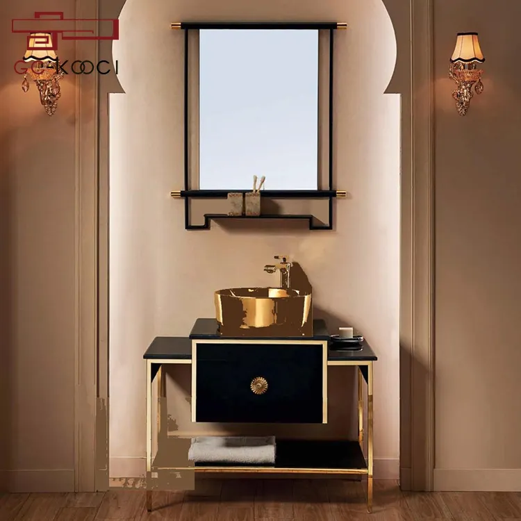 Meubles lavabo de salle de bains modernes, étagères de luxe en acier inoxydable avec évier, meubles