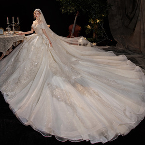 Nouvelle <span class=keywords><strong>robe</strong></span> <span class=keywords><strong>de</strong></span> <span class=keywords><strong>mariée</strong></span> rétro 2025 à une épaule pour <span class=keywords><strong>mariée</strong></span>, style français, ciel étoilé léger, princesse féminine, <span class=keywords><strong>grande</strong></span> traîne en dentelle, moderne, longueur au sol, principale - Product Image 2