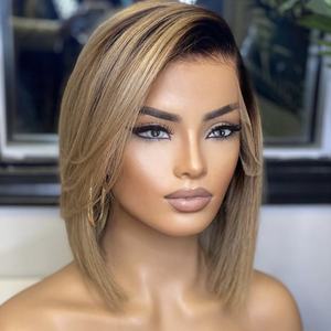 Perruques Courtes Bob Pixie en Cheveux Humains Couleur Marron pour Femmes, Densité 180, Ombré Blond, Cheveux Brésiliens Remy, Perruques Bob Lace Front - Product Image 2