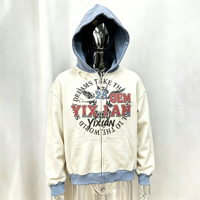 Sweat-shirt à capuche bleu pour homme, imprimé personnalisé, effet délavé, coupe oversize, style streetwear, fermeture éclair rétro
