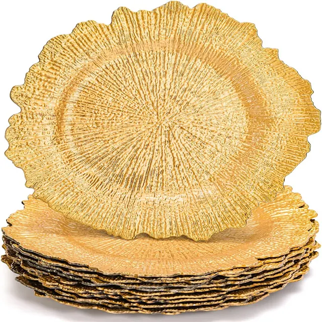 13in Reef Charger Plates Plastic Gold Charger Plates for Dinner Wedding Party Decor Metallic Ruffled Rim Charger Plates