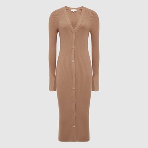 Nouvelles robes streetwear slim côtelées fendues décontractées pour femmes, robes midi en tricot à manches longues et col en V - Product Image 6