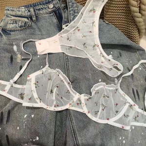 Lencería Sexy de Encaje para Mujer, Estilo Francés, Estampado Floral, Tallas Grandes, Conjunto de Sujetador Transparente para Adolescentes con Braguitas Tipo T - Product Image 4