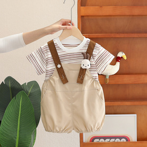 2025 Phong Cách Mới Bé Mùa Hè Quần Áo Giản Dị Sọc Phim Hoạt Hình Quần Áo Phù Hợp Với Cho Bé Trai Cô Gái 0-5 Tuổi Hai Mảnh 100% Cotton - Product Image 2