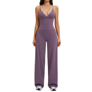 Conjunto de yoga Disko Sport de cintura alta, cuello en V profundo, sin mangas, transpirable, pantalones anchos con almohadillas para el busto para mujer - Product Image 4