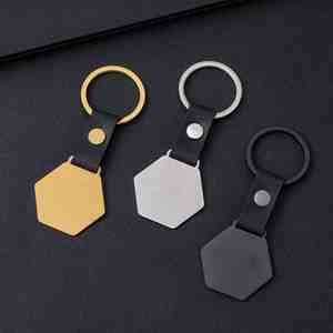 Blank Brushed Surface Hexagon Metal PU Leather Keychain for DIY Laser Logo UV Printing Photo Keyring Stainless Steel <b>Key</b> Chain - Product Image 1