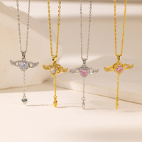 Collier pendentif élégant en acier inoxydable avec zircon, ailes d'ange, ailes volantes, cœur d'amour, pompon, vente en gros