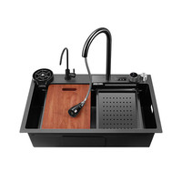 Robinet de cuisine encastré en acier inoxydable T-304 de calibre 16, fait main, à cuve unique, avec cascade intelligente, revêtement nano et jet de pluie volant