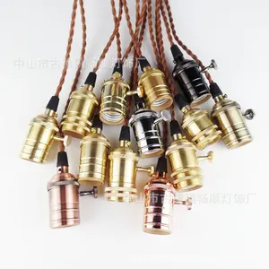 E27 Lustre de cobre puro vintage suspenso com suporte de interruptor, fio de latão para lâmpada