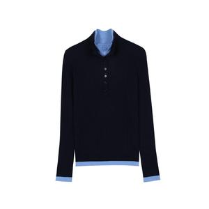 Pull en tricot à col montant vintage bleu pour femmes, manches longues, polyester/nylon, deux pièces, avec bouton, patchwork, vêtements d'extérieur - Product Image 5