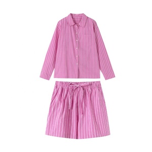 厂家女式条纹两件套休闲纽扣羽绒服短裤长裤拉绳睡衣配套套装 - Product Image 1