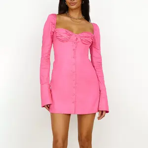 China Supplier Customized Women Clothing Button Up Flare Long Sleeves Pink Square Neck A-Line Mini Dress