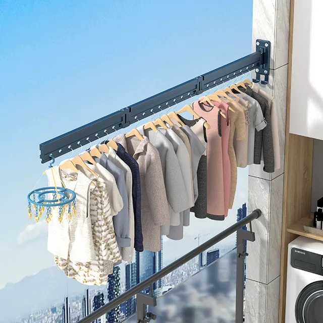 Space-saver Retractable Fold Away Dying Rack Wall Mounted Clothes Drying Racks With Towel Bar Collapsible Garment Laundry Rack