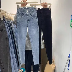 Groothandel Op Maat Gemaakte Hoge Taille Elastische Strakke Pasvorm Veelzijdige Gesp Potlood Broek Denim Plus Size Dames Jeans