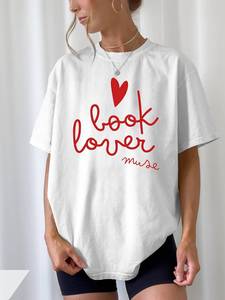 T-shirt Muse Book Lover bianca a maniche corte, girocollo, vestibilità ampia, 100% cotone jersey, stampa casual, per tutte le stagioni, unisex - Product Image 3