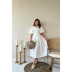 Robe blanche plissée coupe trapèze à manches ballon, col rond, taille naturelle, en tissu tissé, pour usage quotidien décontracté - Product Image 5