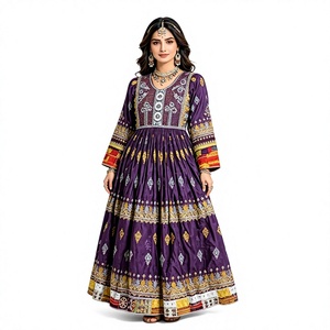 Robe ethnique vintage violette brodée à manches longues, longueur ras du sol, pour femme, tenue de mariage indienne et pakistanaise, en mousseline unie infroissable - Product Image 1