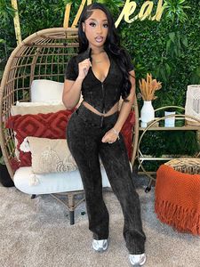 HR24035 Completo <span class=keywords><strong>Donna</strong></span> Due Pezzi Primavera 2026 di Alta Qualità, Top Corto e Pantaloni Svasati Effetto Usurato, in Tessuto a Costine Lavato, Personalizzabile - Product Image 4