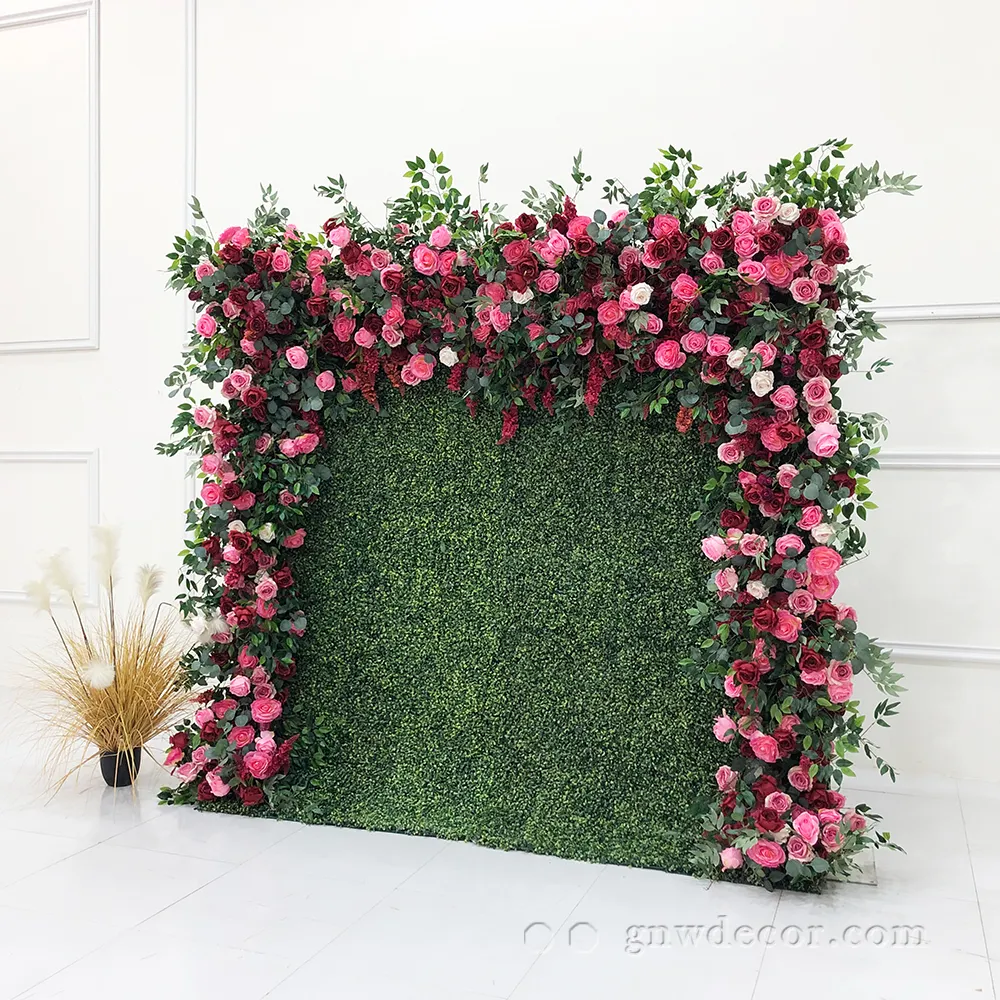 Customized Foam Faux background Silk Art 3d Artificial green red pink Wedding Flower Wall Backdrop