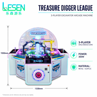 Machine de jeu d'arcade à monnayeur pour 3 joueurs, type 'Treasure Digger League', avec fonctions d'excavation et de distribution de cadeaux, et grue de jeu