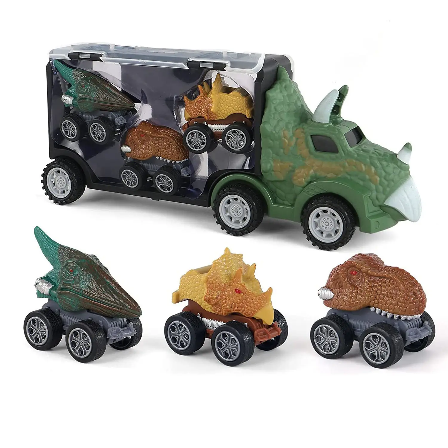 Neues Dinosauriers pielzeug Dinosaurier-LKW-Spielset für Kinder 3-5 4 in 1 Triceratops Animal Portable Sliding Container Truck, Druckguss spielzeug