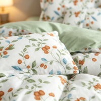 Parure de lit 4 pièces style forêt avec motifs de branches et baies, décoration de chambre douillette, comprenant taie d'oreiller, housse de couette, couvre-lit et drap, vente en gros, personnalisable