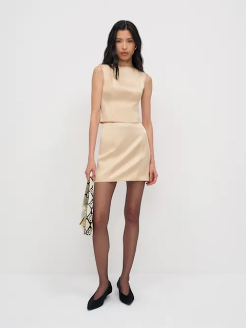 Women Beige Satin Sleeveless Two-Piece Set Crop Top & Mini Skirt Formal Party Evening Elegant Outfit