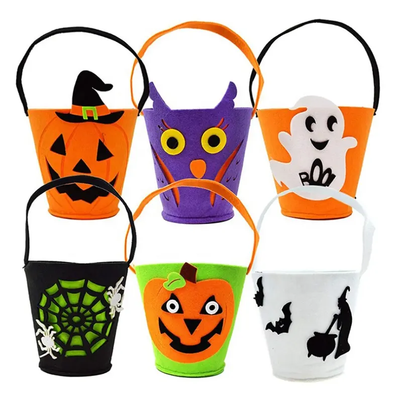 Sacolas de doces de Halloween de feltro dobráveis pequenas personalizadas para crianças, sacolas fofas para presente, bolsas e baldes para festas em casa