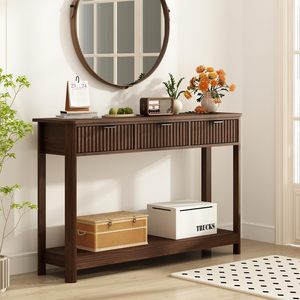 <span class=keywords><strong>Table</strong></span> <span class=keywords><strong>console</strong></span> en MDF cannelé à 3 tiroirs, éco-responsable, modulaire, avec pieds courbes étroits, 2 niveaux, style moderne farmhouse, pour couloir, entrée ou <span class=keywords><strong>table</strong></span> de canapé - Product Image 4