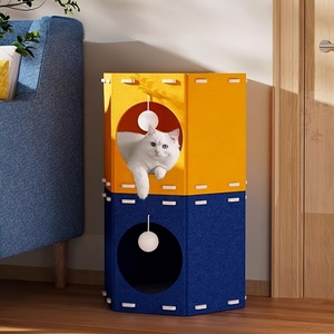 Lit grattoir pour chat en feutre à 2 niveaux avec boule suspendue, sans perte de poils, durable, bleu et jaune, mobilier pour chat d'intérieur, montage facile - Product Image 6