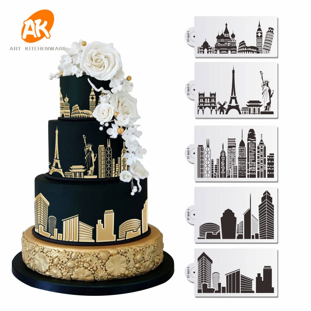 AK città silhouette torta Stencil Set reale glassa cioccolato aerografo Stencil per decorare la torta di plastica modello di pittura ST-865