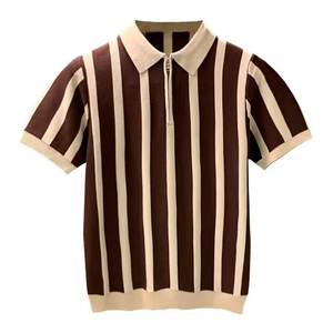 Polo de punto informal a rayas con bloque de color de Cachemira al por mayor, sudadera de manga corta con cremallera de secado rápido para hombre - Product Image 1
