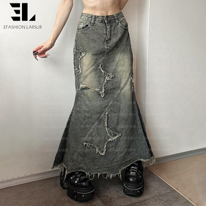 Jupes en jean décontractées vintage à effet délavé pour femmes, fabriquées sur mesure par LARSUR, taille haute, bord brut, longue <span class=keywords><strong>jupe</strong></span> en jean pour femmes - Product Image 4
