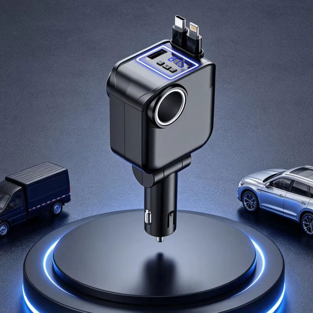 120W 5-in-1  Fast Charging Car Charger Adapter with Double Extension Cable and LED Digital Display Ignition Socket