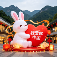 Grand Lapin Gonflable Personnalisé Blanc avec Cœur Rouge, Accessoire de Dessin Animé, Décoration Extérieure Imperméable et Durable pour le Festival de la Mi-Automne
