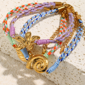 Pulsera de Cuerda de Algodón Trenzada Estilo Boho Hecha a Mano con Dije de Concha de Caracol y Flor de Acero Inoxidable Chapado en Oro de 18K, Joyería de Playa para Mujer - Product Image 3