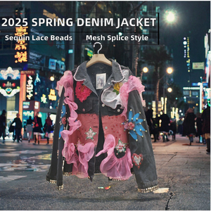 2025 Spring New Casual <b>Sequins</b> Lace Beading Mesh Splicing Loose Nonwoven Denim Jacket <b>Top</b> Breathable Patchwork - Product Image 2