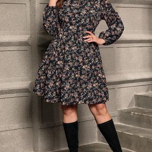 Vestido Casual Elegante Vintage Personalizado con Cuello Redondo, Estampado Floral, Cintura Alta, Holgado, de Manga Larga para Mujer, Otoño - Product Image 3