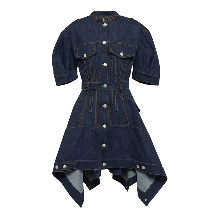 Custom female casual dress mock neck puff sleeves dark blue 100% cotton denim button up asymmetrical dress for women
