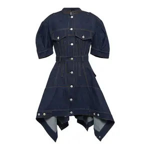 Benutzer definierte weibliche Freizeit kleid Mock Neck Puff ärmel dunkelblau Baumwolle Denim Button Up asymmetrisches Kleid für Frauen