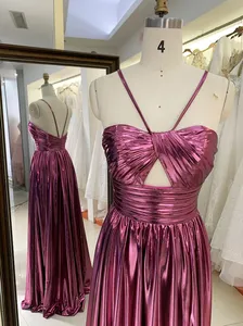 2024 Rose Gold Silver Hand Pleated Sleeveless Satin A Line Zipper Up Back Prom Bridesmaid Dresses