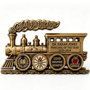 Gold Plated Brass Train Trophy Principal Of The Year Award 2023-2024 Embossed Education Theme Business Gift - Product Image 1