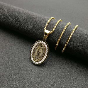 Set baja tahan karat berlapis emas 18K zirkon religius Guadalupe perhiasan kalung liontin perawan Mary untuk pria wanita - Product Image 5