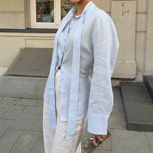 Damen Koreanische Bluse mit Bindung, 100% Baumwolle, Rückenkreuzbindung, Schlankmachender Asymmetrischer Saum, Büro-Damen Langarm-Hemd - Product Image 5