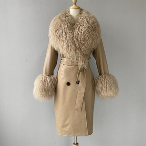 Ingrosso cappotto in vera pelle di pecora a doppio petto collo di <span class=keywords><strong>pelliccia</strong></span> mongolia autunno con risvolto Trench in vera pelle cappotti con <span class=keywords><strong>pelliccia</strong></span> per le signore - Product Image 5