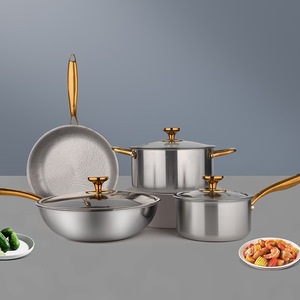 <span class=keywords><strong>Set</strong></span> di Pentole in Titanio Puro Non Rivestito: Wok, Pentola per Zuppa, Pentola per Latte e Padella con Coperchio in Vetro, <span class=keywords><strong>Set</strong></span> Completo in Metallo Dorato - Product Image 3