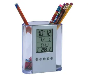 프로모션 플라스틱 펜 홀더 전자 달력 시계 및 광고 로고-데스크탑 사무실 시계 달력 펜 홀더