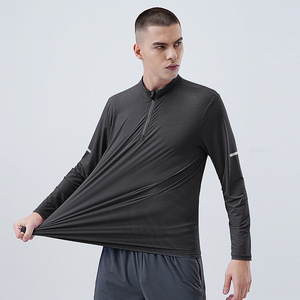 เสื้อยืดฟิตเนสแขนยาวเข้ารูปสำหรับผู้ชาย, เสื้อ1/4ฟิตเนสแขนยาวแห้งเร็วดีไซน์สีพื้น Sportswear-D-CXM24705กอล์ฟทรงว่างเปล่า - Product Image 5